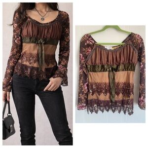Brown Floral Lace Long Sleeve Top M Whimsigoth Dark Romantic